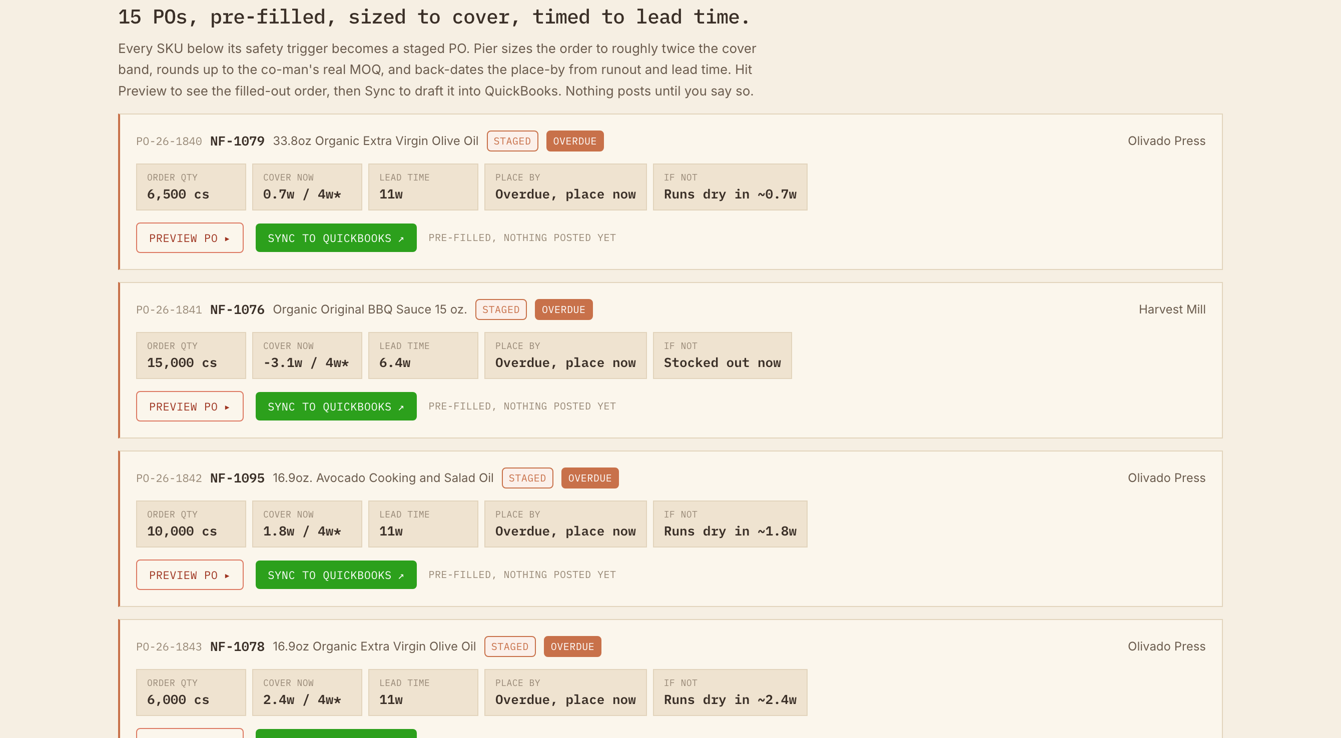 A live GearKit operator console: this week's purchase orders staged for QuickBooks, nothing posts until you approve